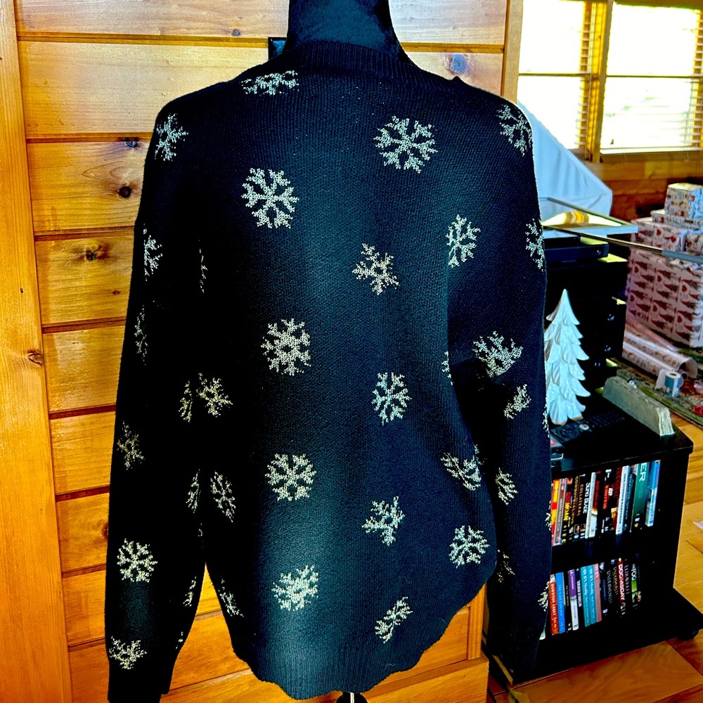Loft holiday black sweater with gold snowflakes XL